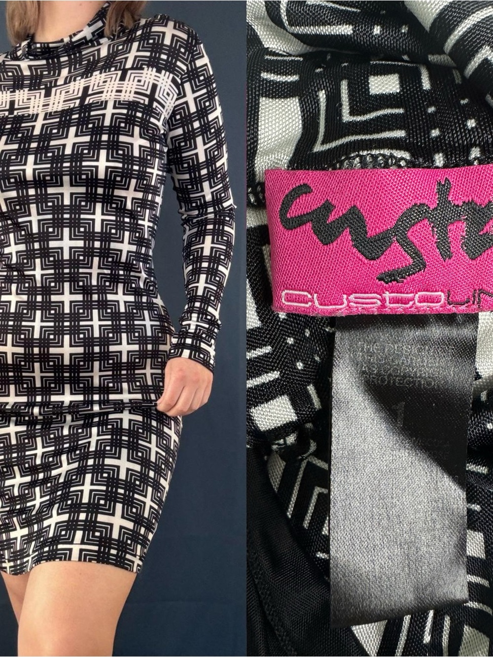 CUSTO Barcelona Black and White geometric turtle neck mini dress Sz:XS